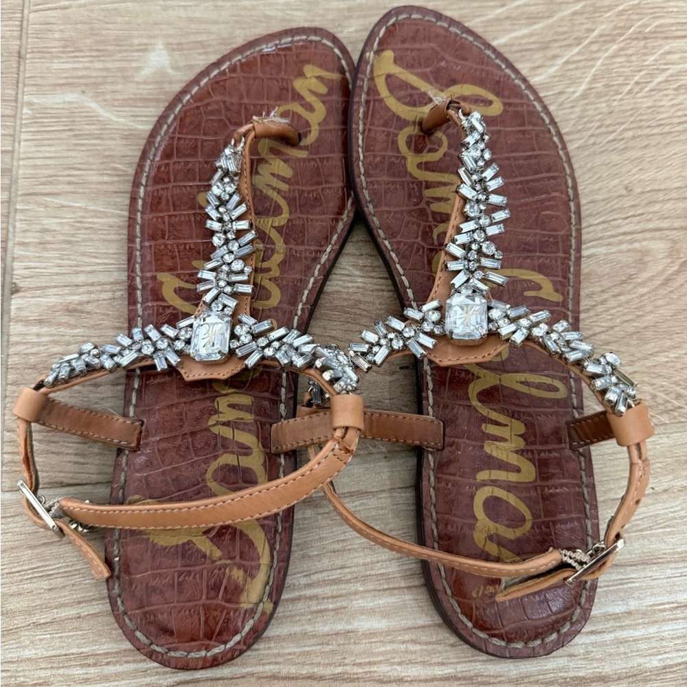Sam Edelman Gigi Tan Rhinestone T-Strap Slingback Thong Sandal - Picture 3 of 4